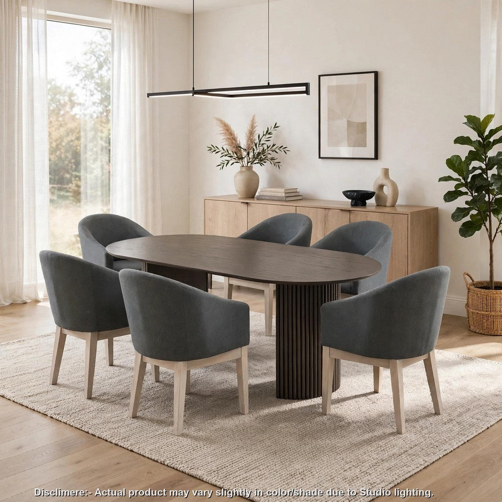 Beny 7pc Oval Dining Table Set | Fluted Pedestal Base | Wood | Gray Fabric