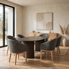 Beny 7pc Oval Dining Table Set | Fluted Pedestal Base | Wood | Gray Fabric