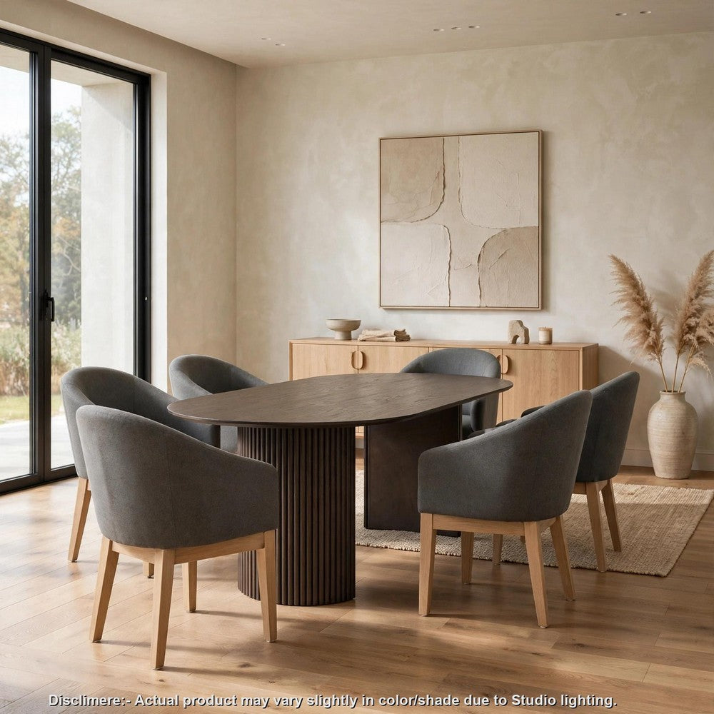 Beny 7pc Oval Dining Table Set | Fluted Pedestal Base | Wood | Gray Fabric