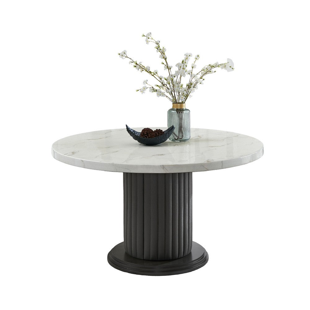 Beny 5pc Dining Set with Round Faux Marble Top | Gray Fabric Barrel Chairs