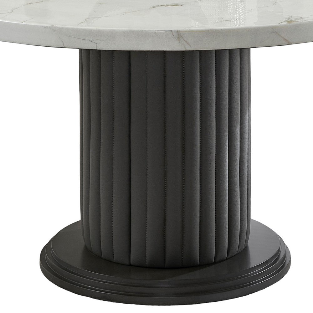 Beny 5pc Dining Set with Round Faux Marble Top | Gray Fabric Barrel Chairs