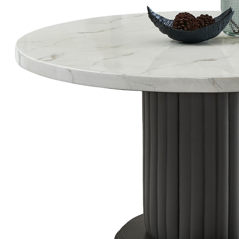 Beny 5pc Dining Set with Round Faux Marble Top | Gray Fabric Barrel Chairs