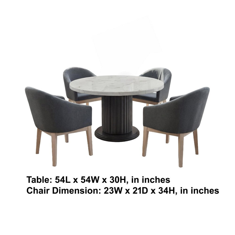 Beny 5pc Dining Set with Round Faux Marble Top | Gray Fabric Barrel Chairs