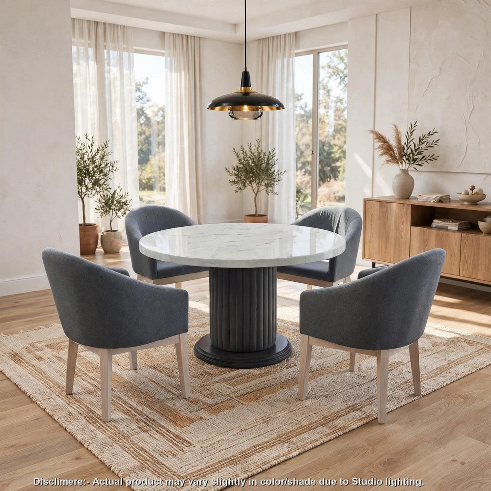 Beny 5pc Dining Set with Round Faux Marble Top | Gray Fabric Barrel Chairs