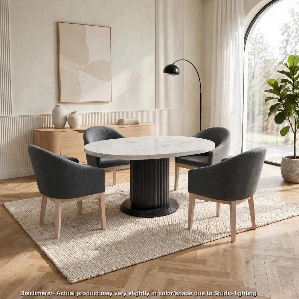 Beny 5pc Dining Set with Round Faux Marble Top | Gray Fabric Barrel Chairs