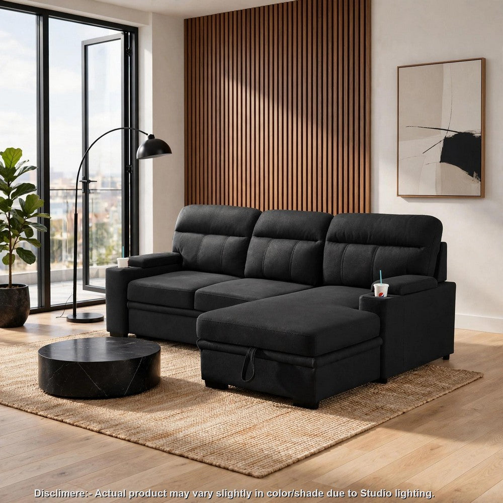 Zen Sleeper Sectional with Storage and Pull-Out Bed | Black Microfiber