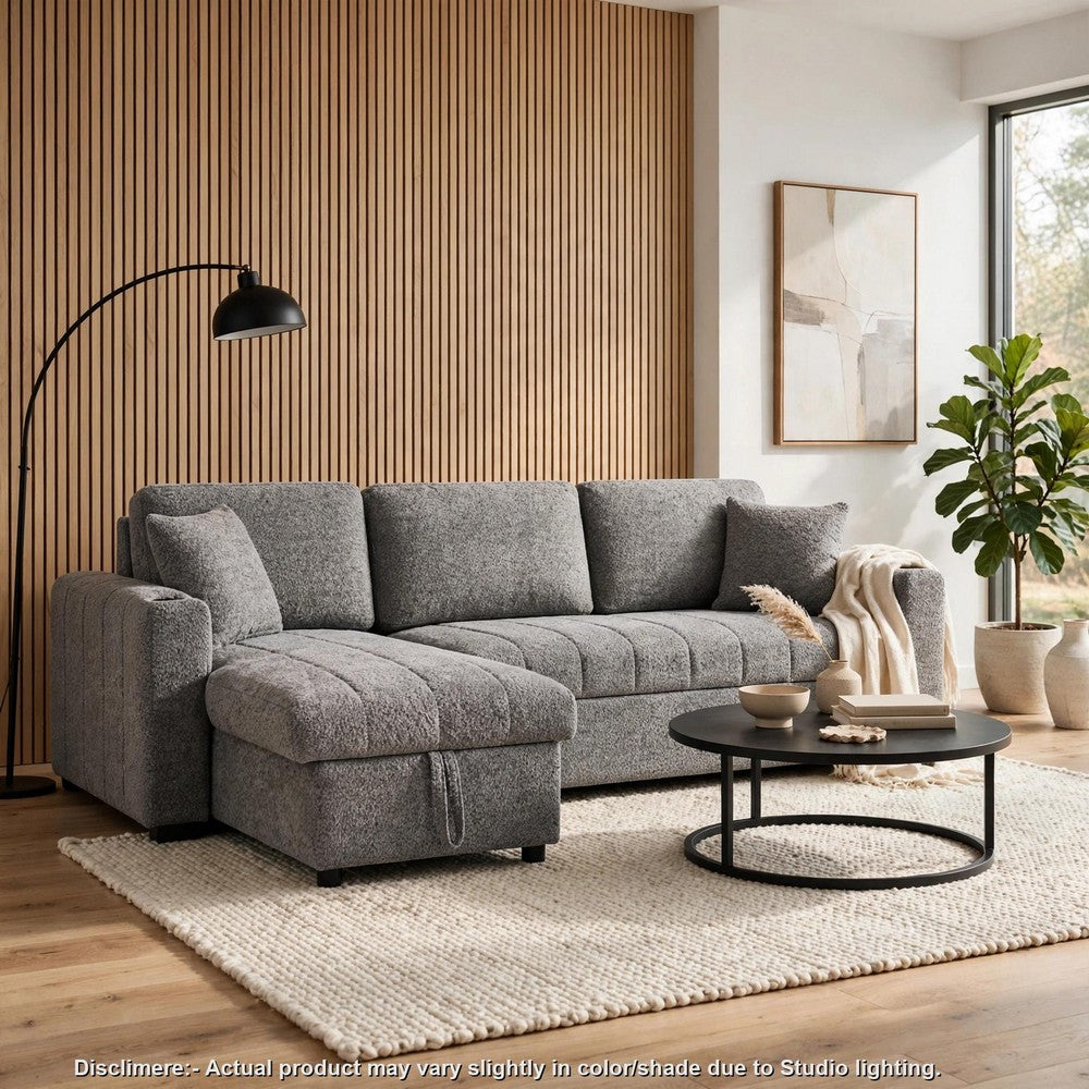 Sery Sleeper Sectional | Storage Chaise | 2 Accent Pillows | Gray Boucle