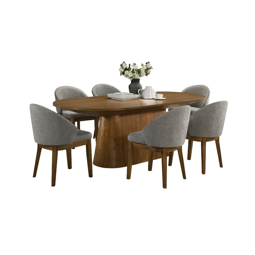 Andy Oval 7pc Dining Set with Curved Gray Fabric Chairs Set | Walnut Wood