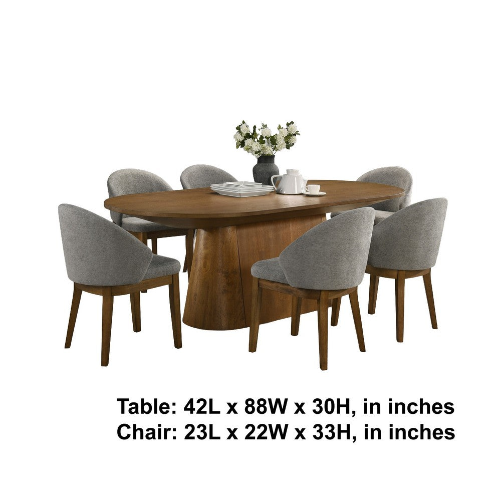 Andy Oval 7pc Dining Set with Curved Gray Fabric Chairs Set | Walnut Wood
