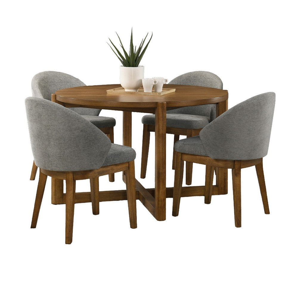 Andy 5pc Dining Table Set | Cross-Sled Base | Gray Fabric Chairs | Brown Wood