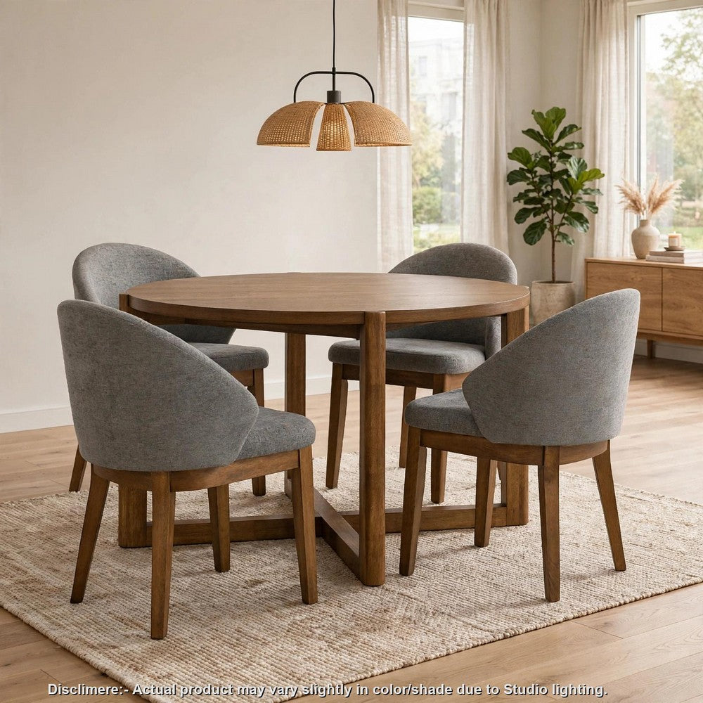 Andy 5pc Dining Table Set | Cross-Sled Base | Gray Fabric Chairs | Brown Wood