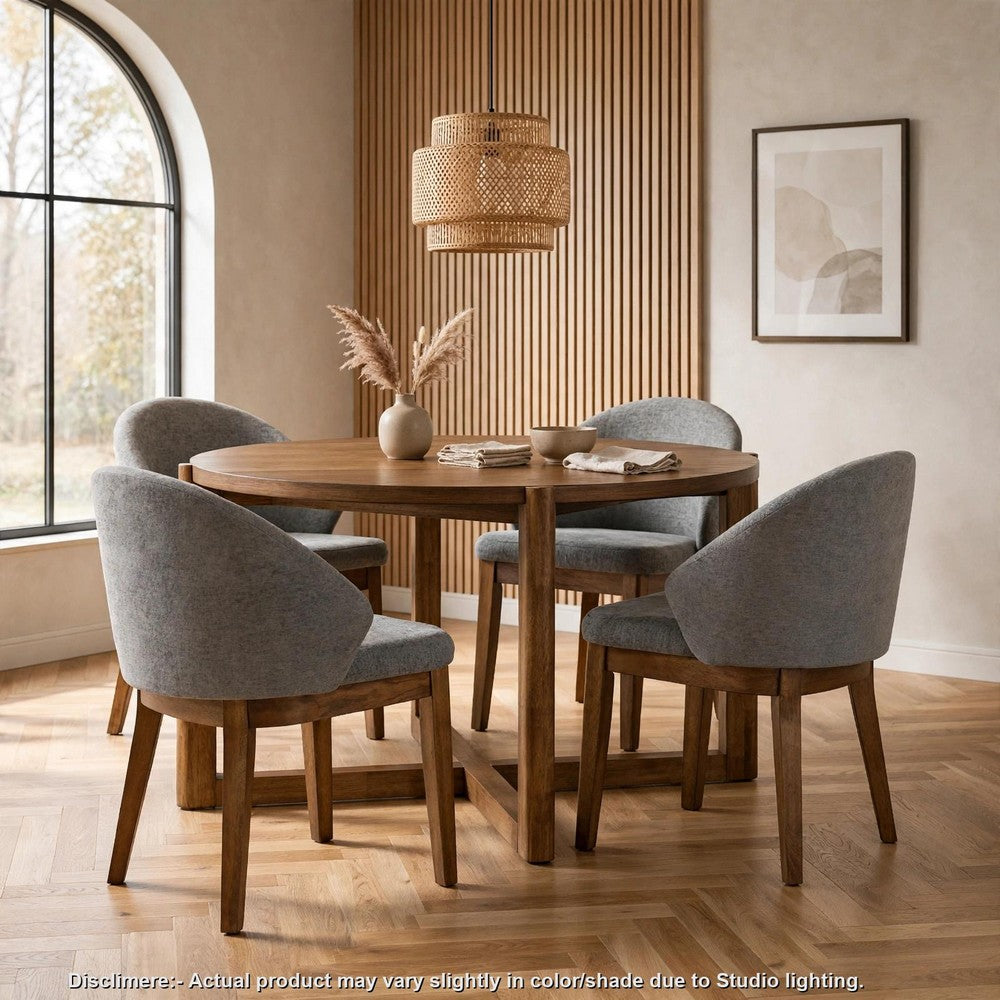 Andy 5pc Dining Table Set | Cross-Sled Base | Gray Fabric Chairs | Brown Wood