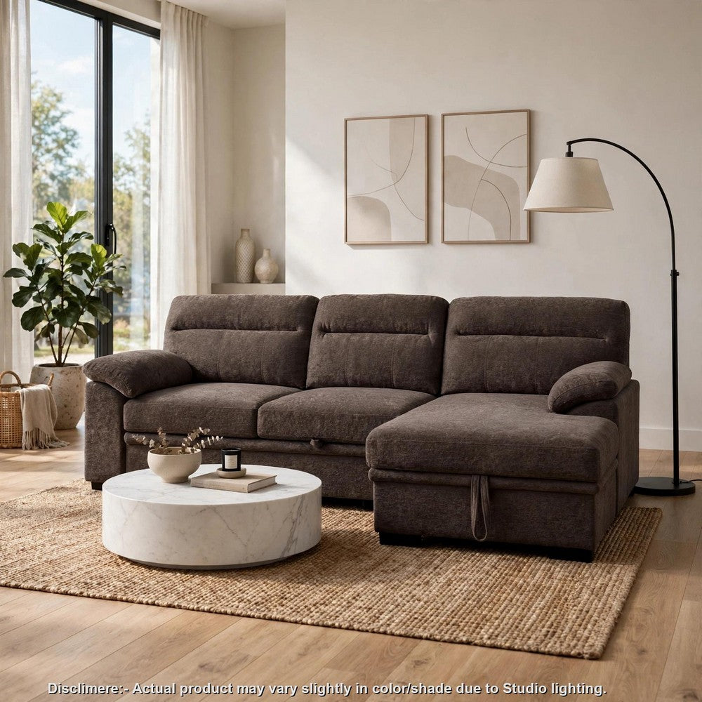 Geni Sleeper Sectional with Storage Chaise | USB Ports | Brown Chenille