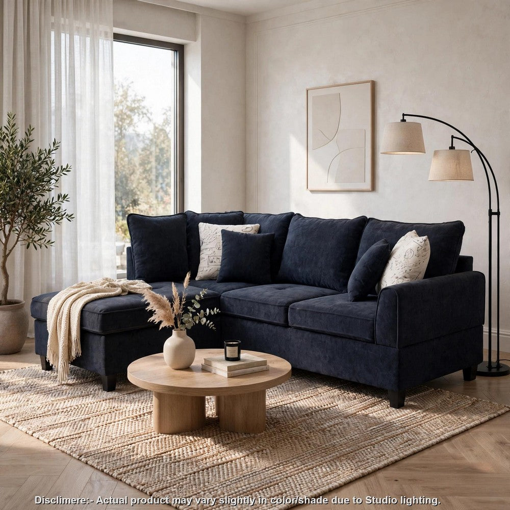 Kyna Sectional Sofa with Storage Ottoman | Throw Pillows | Black Fabric