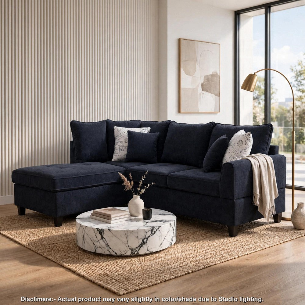Kyna Sectional Sofa with Storage Ottoman | Throw Pillows | Black Fabric