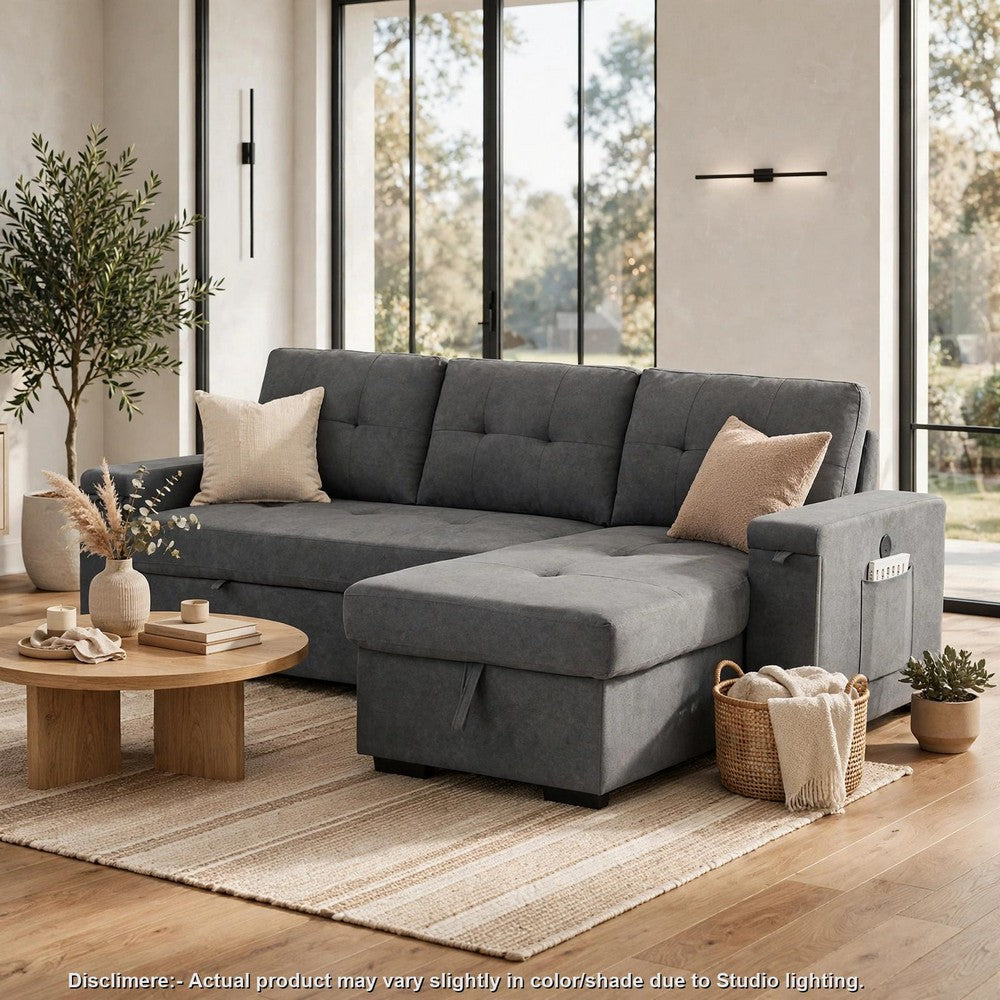 Oby Sleeper Sectional with Storage Chaise and USB Ports | Gray Fabric