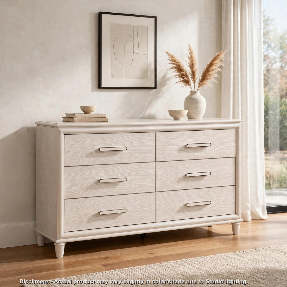Monie Wide Dresser | 6 Drawers | Chrome Bar Handles | White Wood