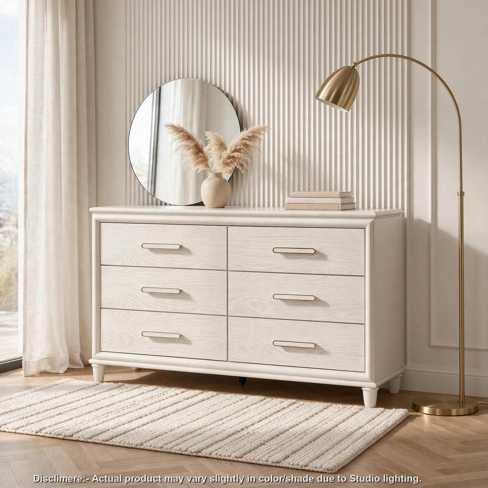 Monie Wide Dresser | 6 Drawers | Chrome Bar Handles | White Wood