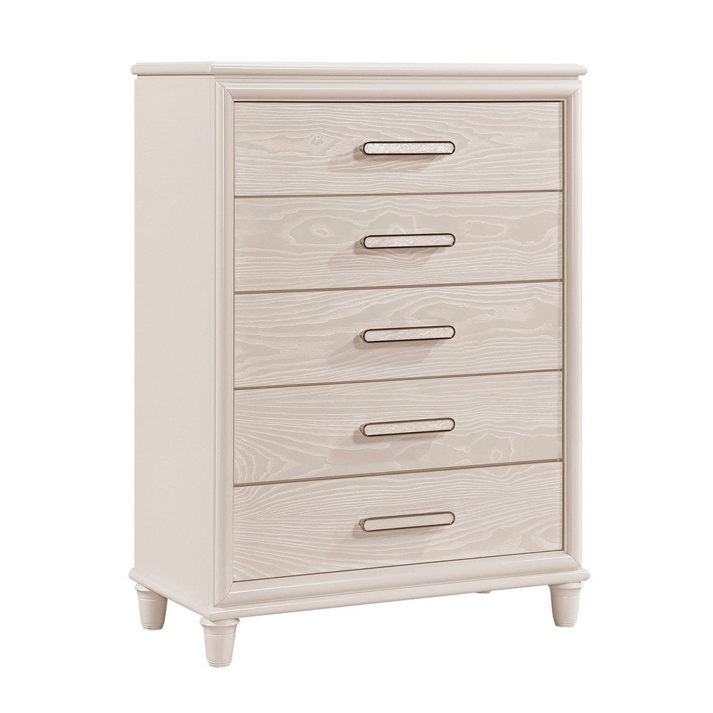 Monie Tall Dresser Chest | 5 Drawers | Chrome Bar Handles | White Wood