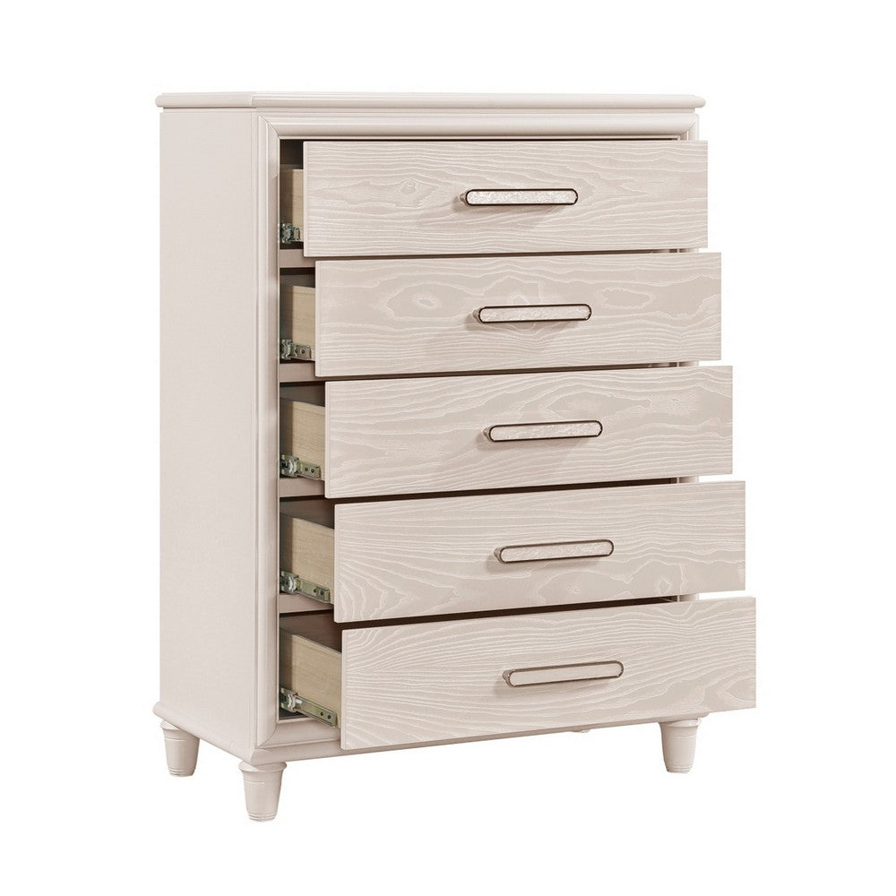 Monie Tall Dresser Chest | 5 Drawers | Chrome Bar Handles | White Wood