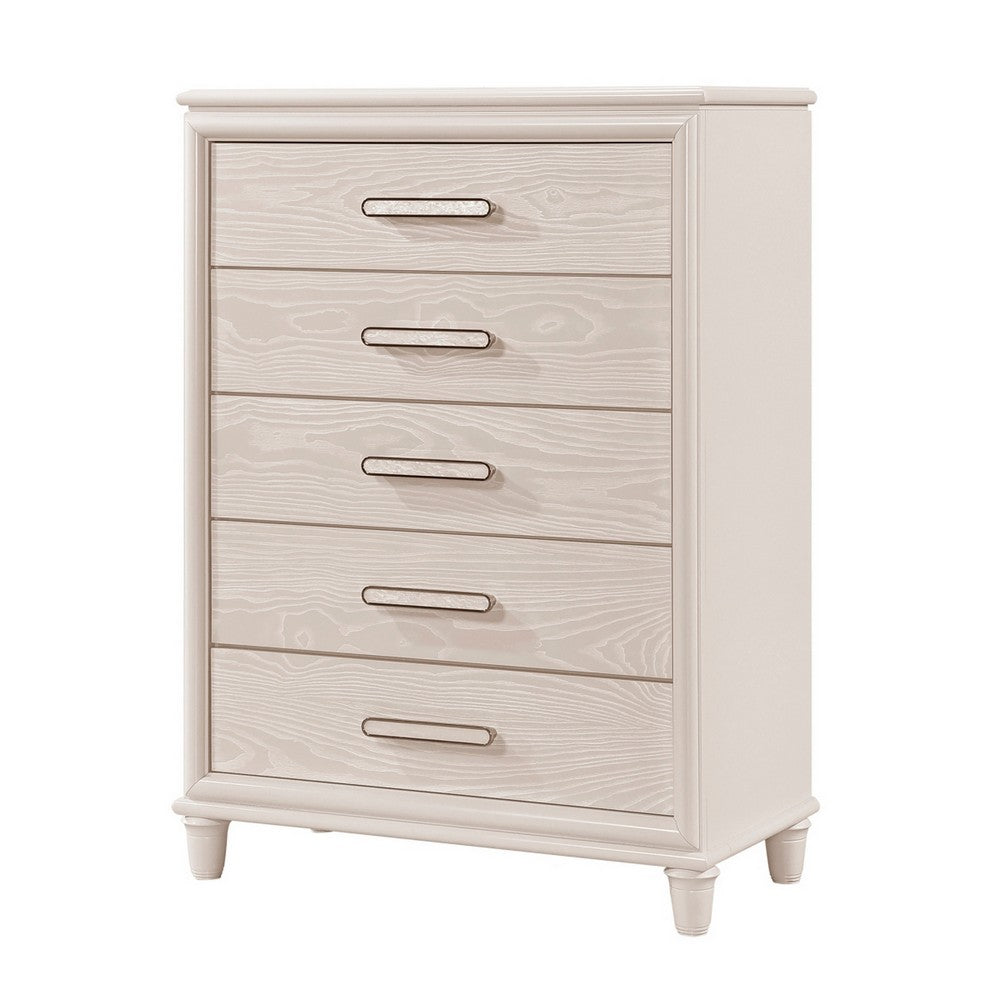 Monie Tall Dresser Chest | 5 Drawers | Chrome Bar Handles | White Wood