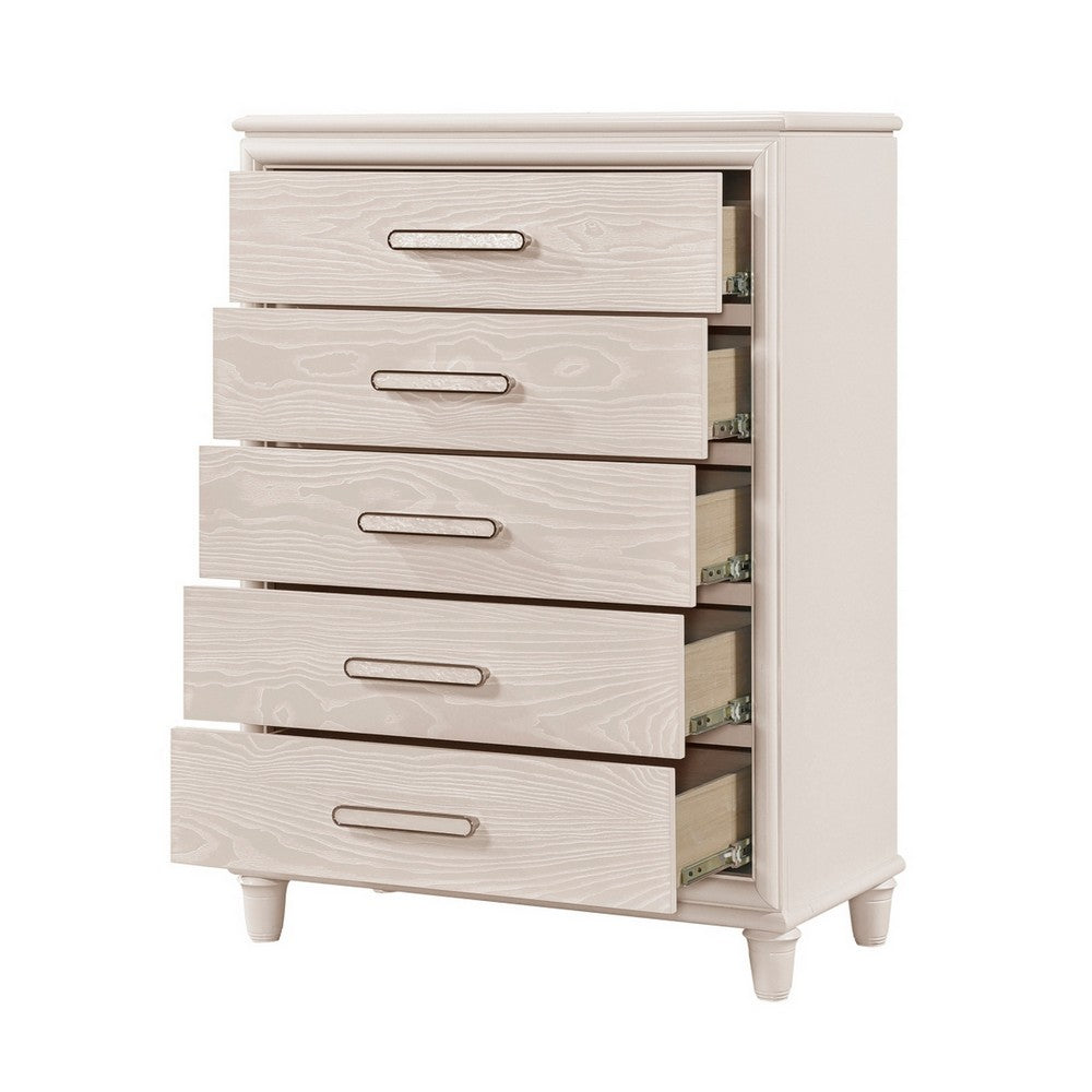 Monie Tall Dresser Chest | 5 Drawers | Chrome Bar Handles | White Wood
