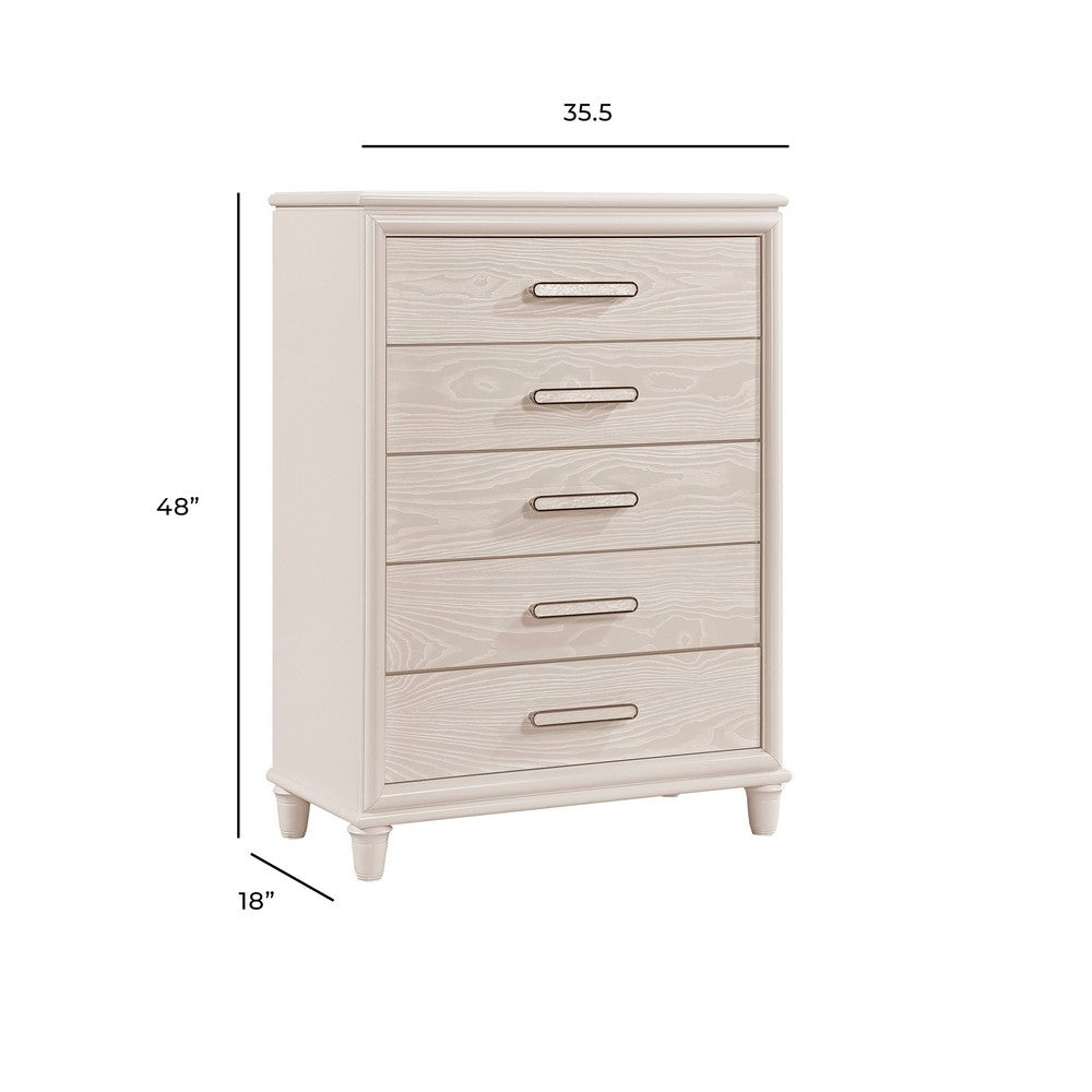 Monie Tall Dresser Chest | 5 Drawers | Chrome Bar Handles | White Wood
