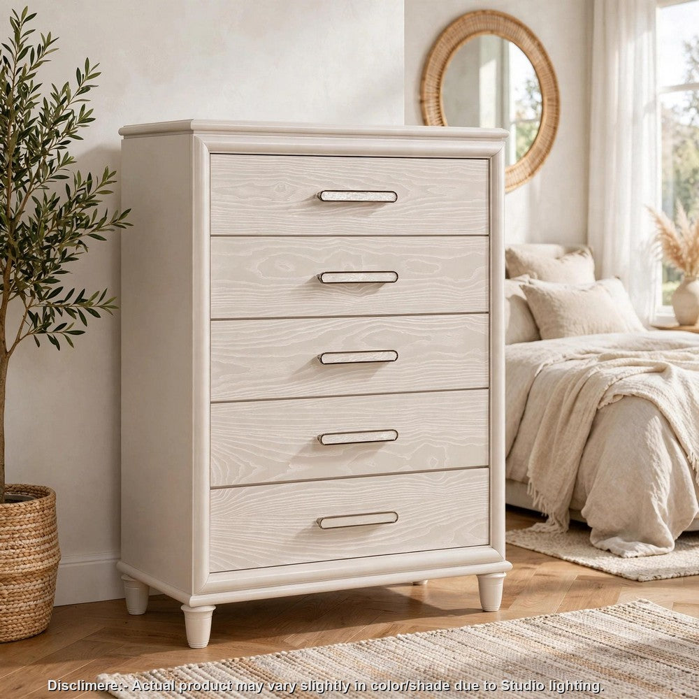 Monie Tall Dresser Chest | 5 Drawers | Chrome Bar Handles | White Wood
