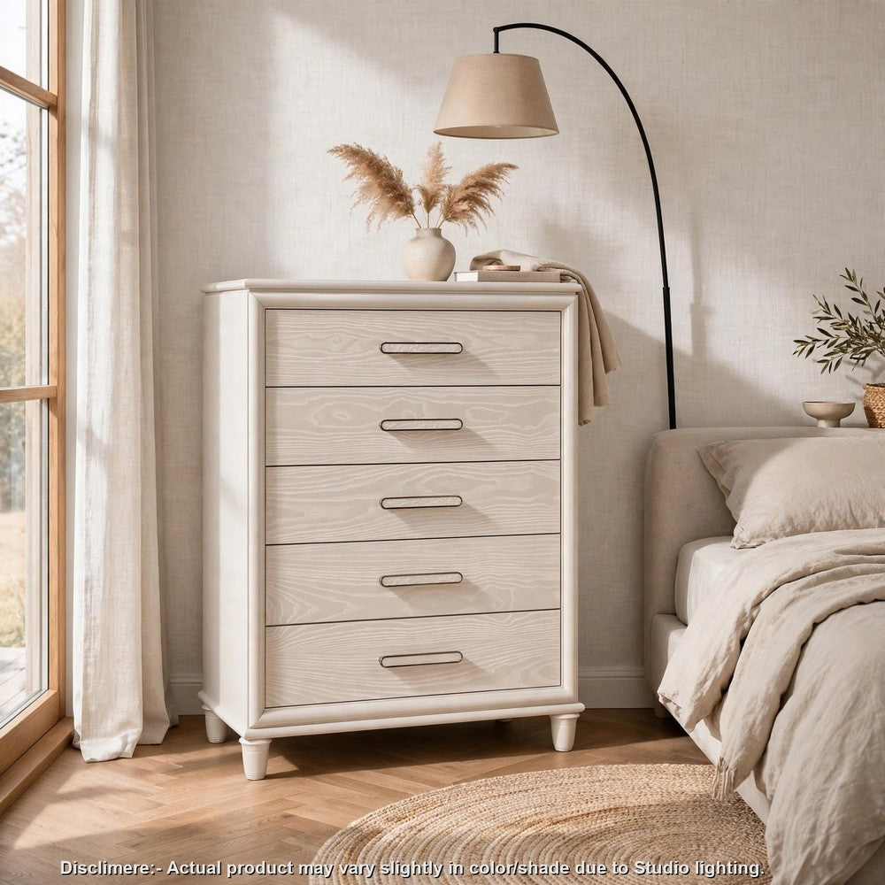 Monie Tall Dresser Chest | 5 Drawers | Chrome Bar Handles | White Wood