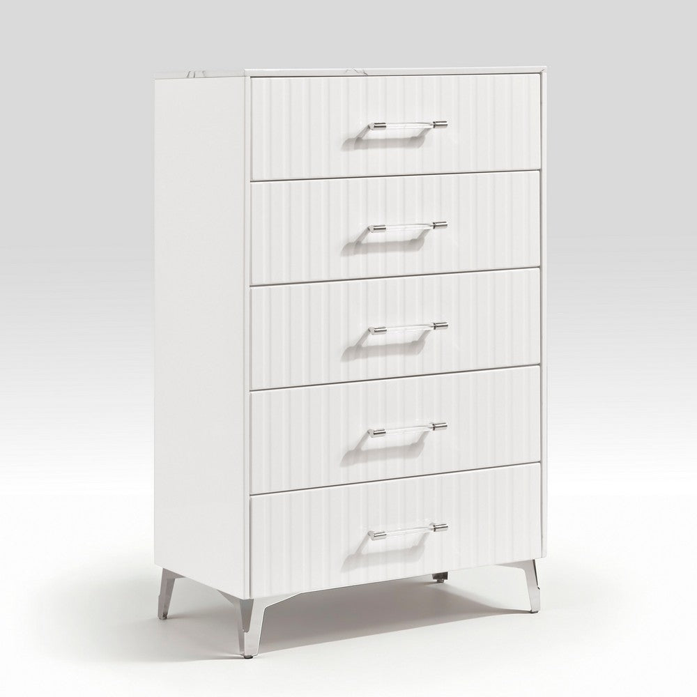 Cyna Tall Dresser Chest | 5 Drawer | Faux Marble | Chrome Leg | White Wood