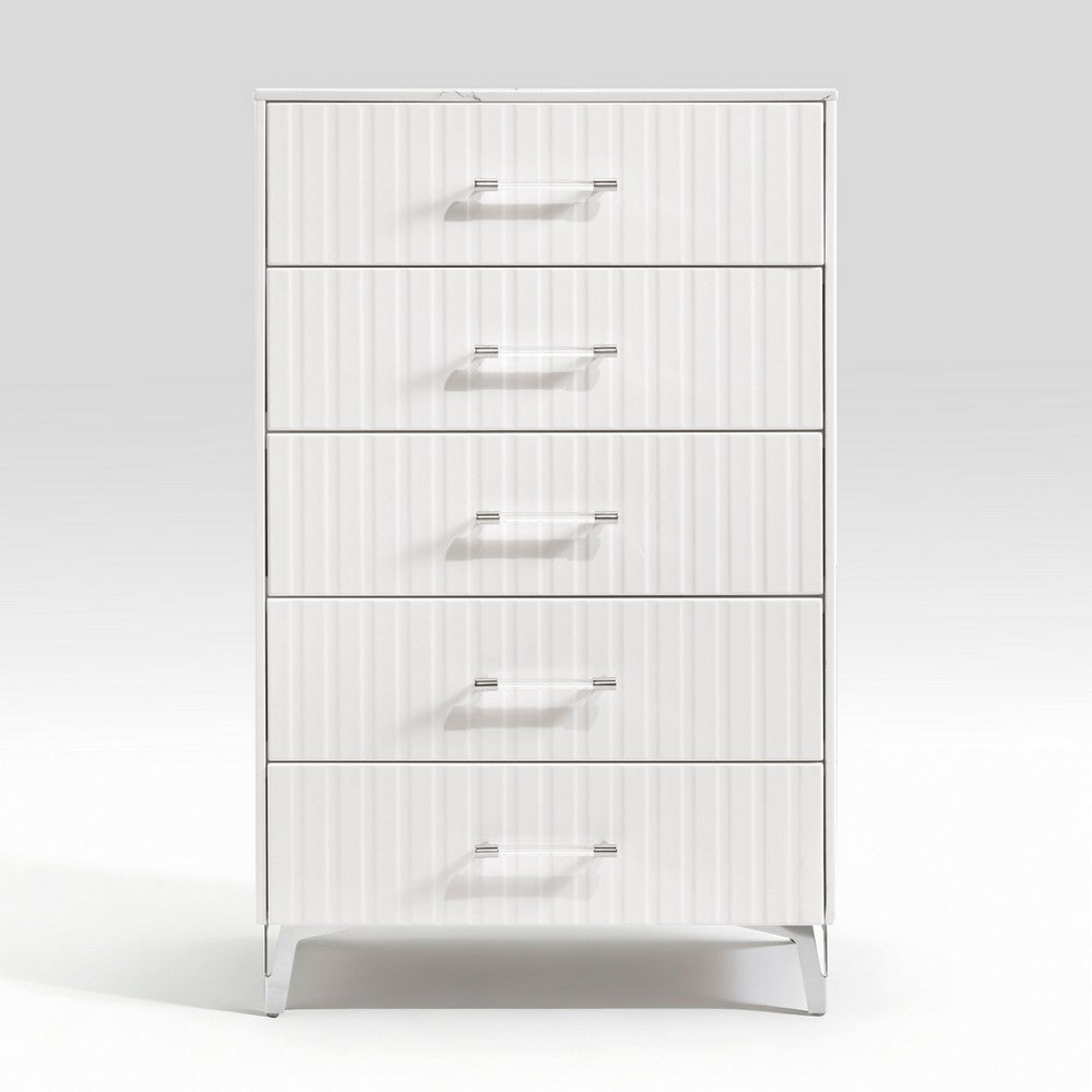 Cyna Tall Dresser Chest | 5 Drawer | Faux Marble | Chrome Leg | White Wood