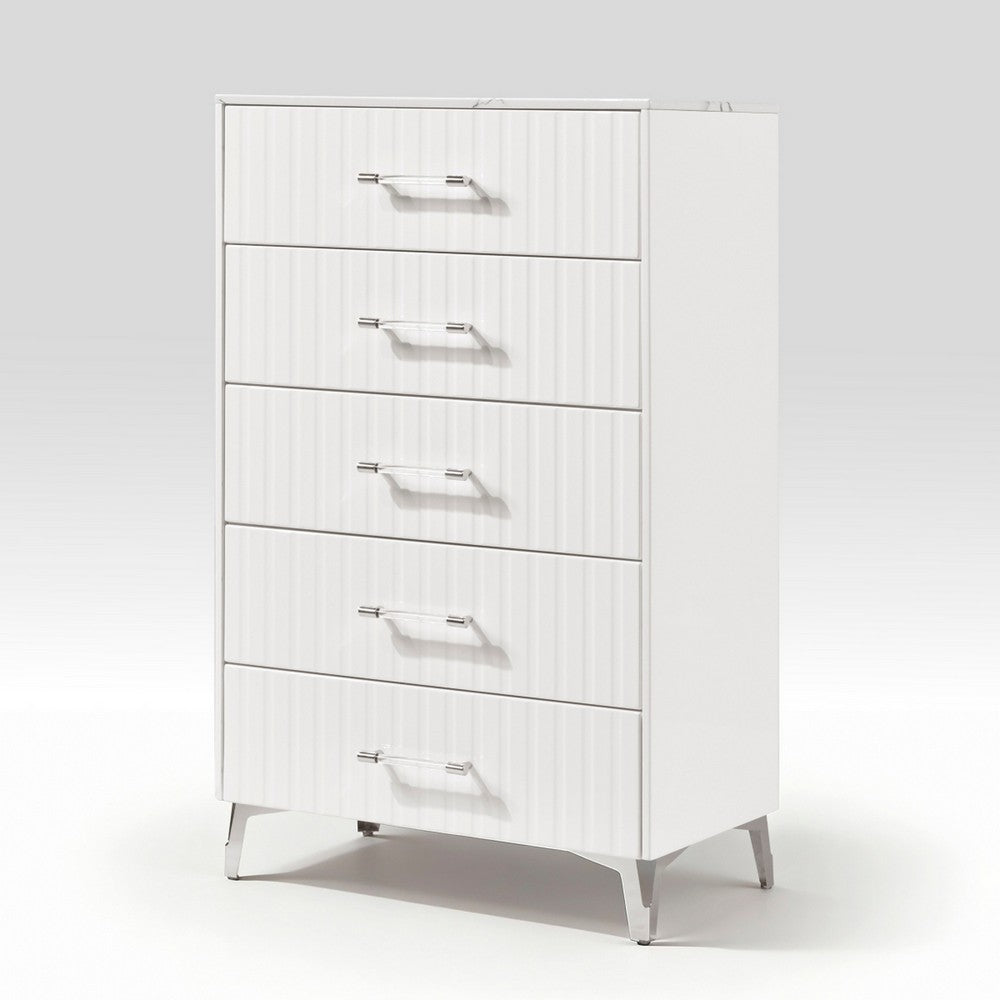 Cyna Tall Dresser Chest | 5 Drawer | Faux Marble | Chrome Leg | White Wood