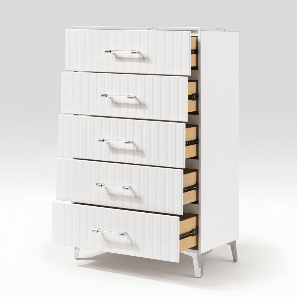 Cyna Tall Dresser Chest | 5 Drawer | Faux Marble | Chrome Leg | White Wood