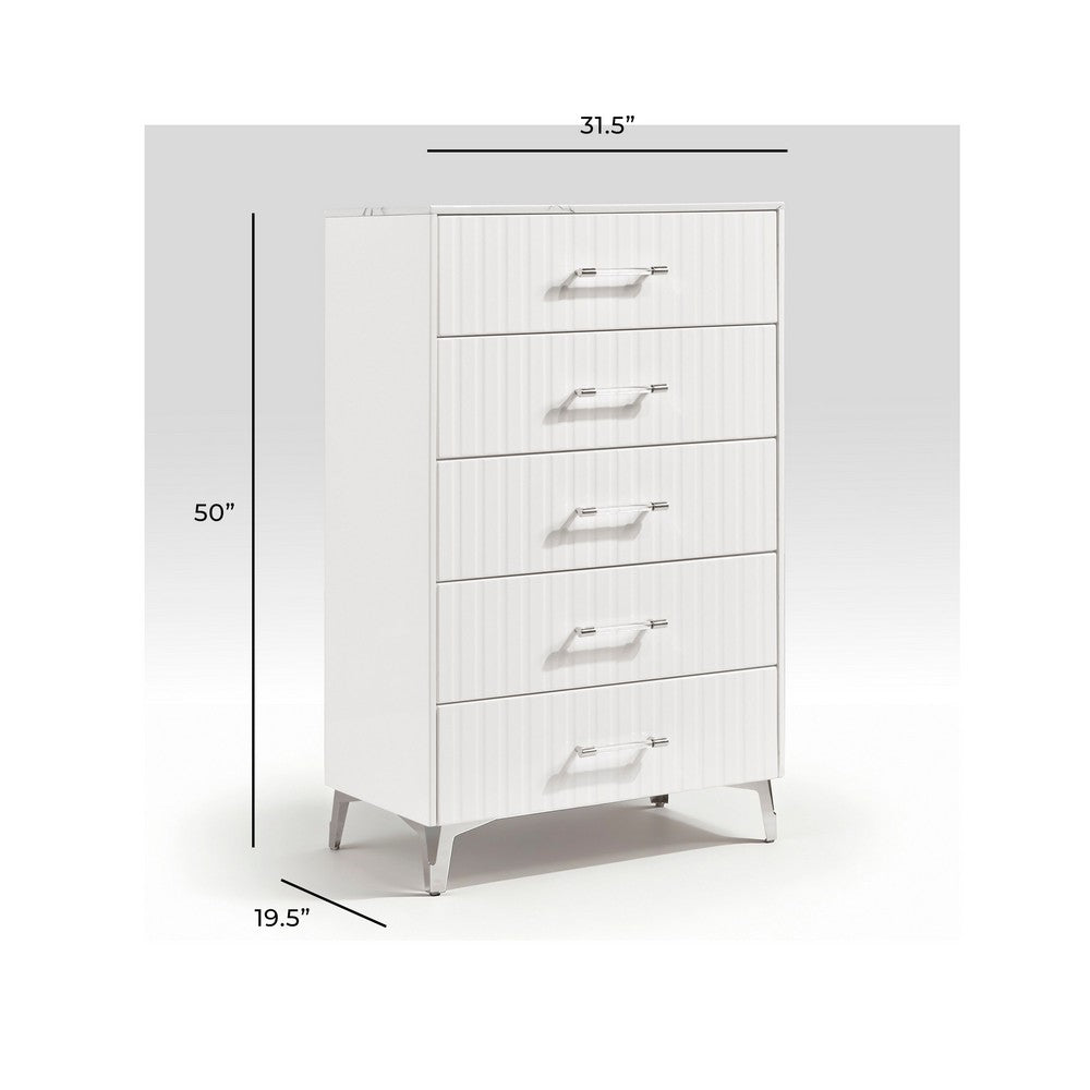 Cyna Tall Dresser Chest | 5 Drawer | Faux Marble | Chrome Leg | White Wood
