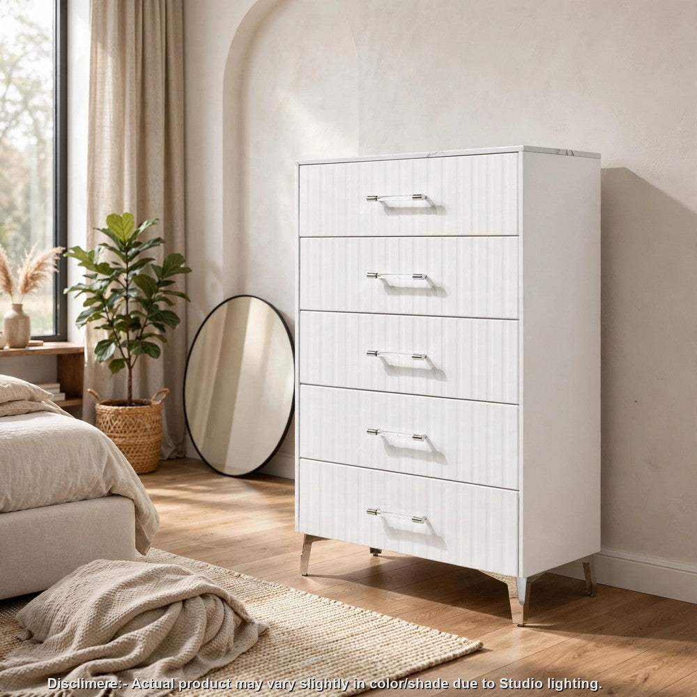 Cyna Tall Dresser Chest | 5 Drawer | Faux Marble | Chrome Leg | White Wood