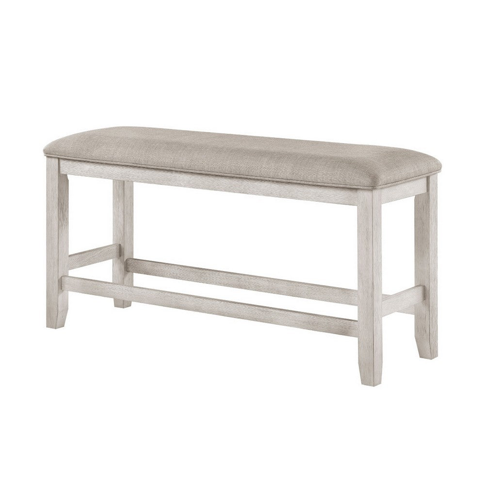 Vile Counter-Height Dining Bench | Gray Fabric Seat | Antique White Wood