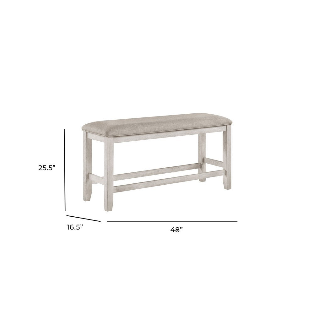 Vile Counter-Height Dining Bench | Gray Fabric Seat | Antique White Wood