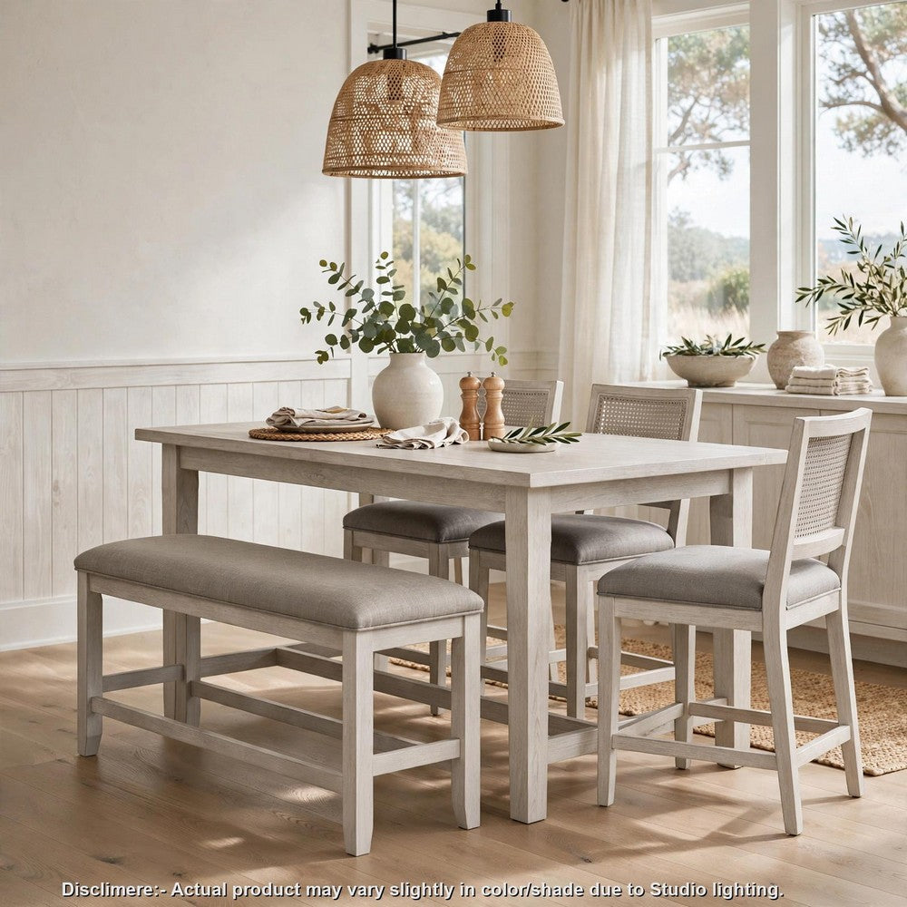 Vile Counter-Height Dining Bench | Gray Fabric Seat | Antique White Wood