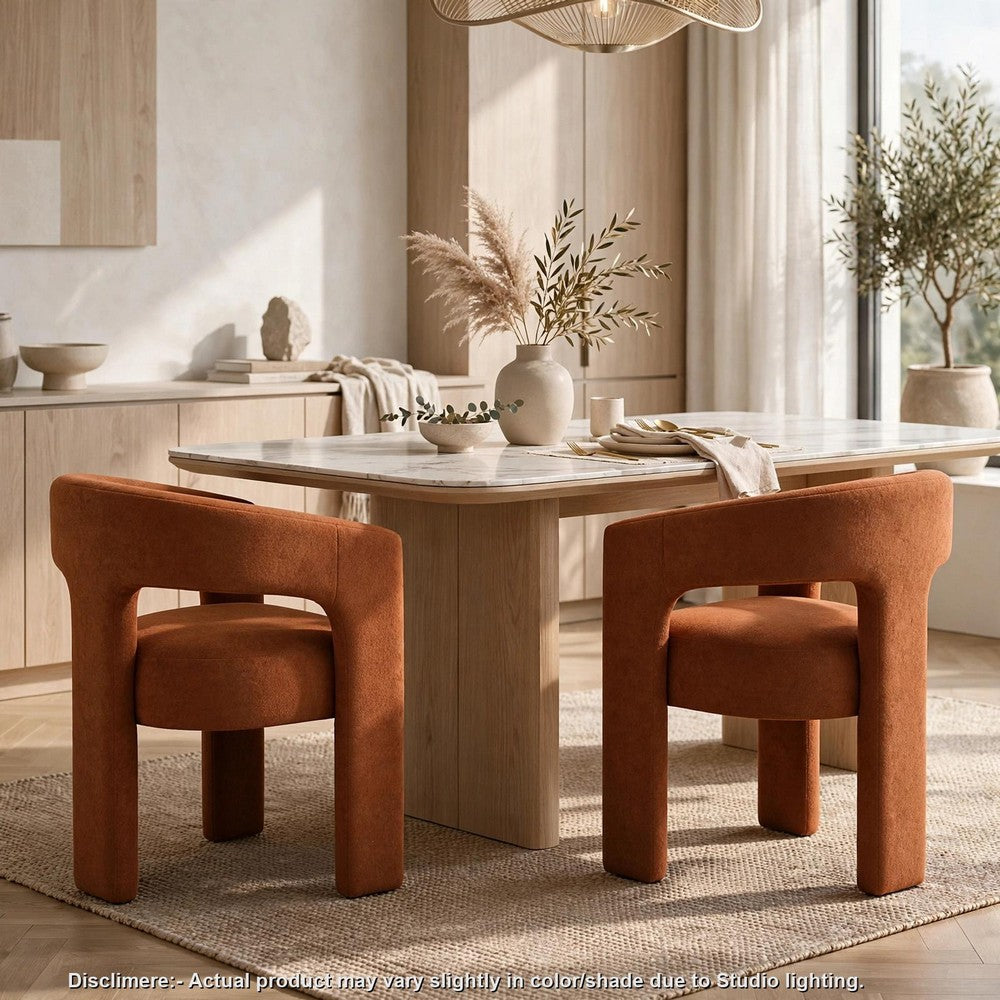 Mez Dining-Side Chair | Curved Design | Set of 2 | Orange Boucle