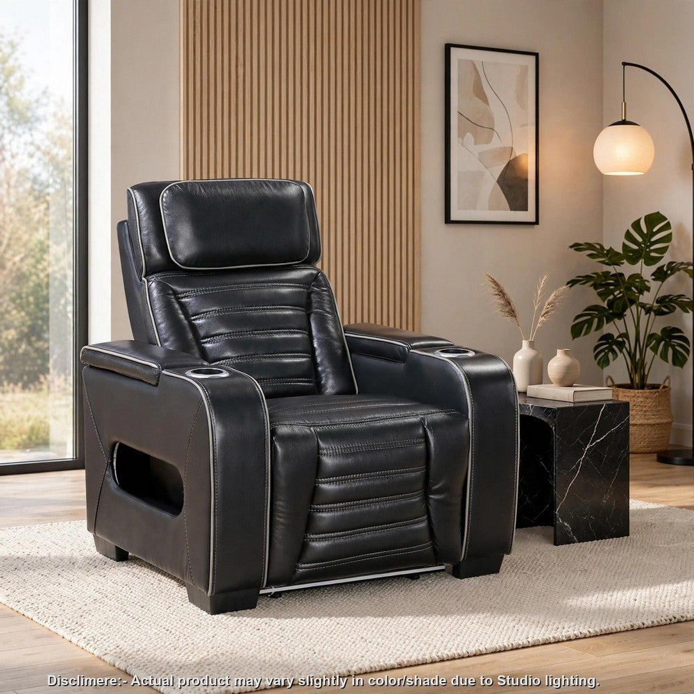 Cyrus Power Recliner | Heat Massage, USB Ports, LED | Black Leather