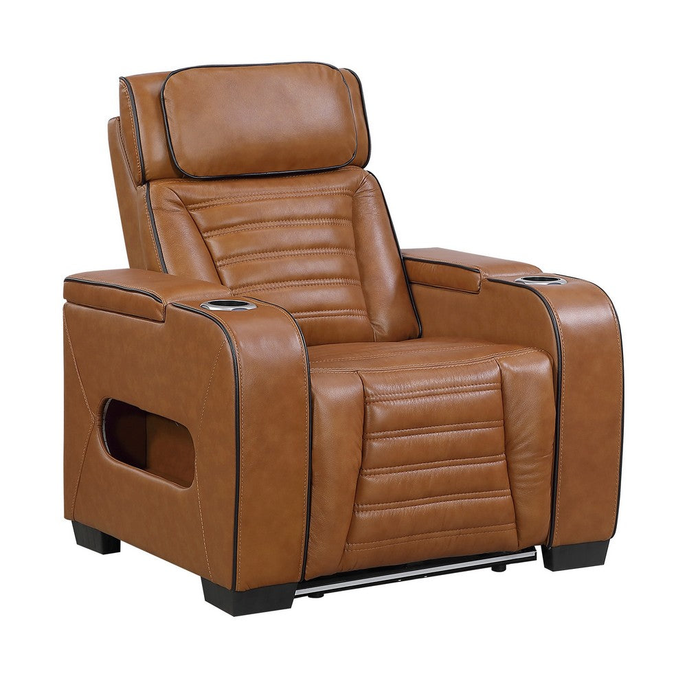 Cyrus Power Recliner |Heat Massage, USB Ports, LED | Brown Leather