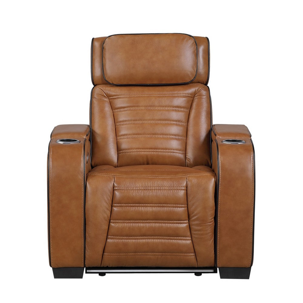 Cyrus Power Recliner |Heat Massage, USB Ports, LED | Brown Leather