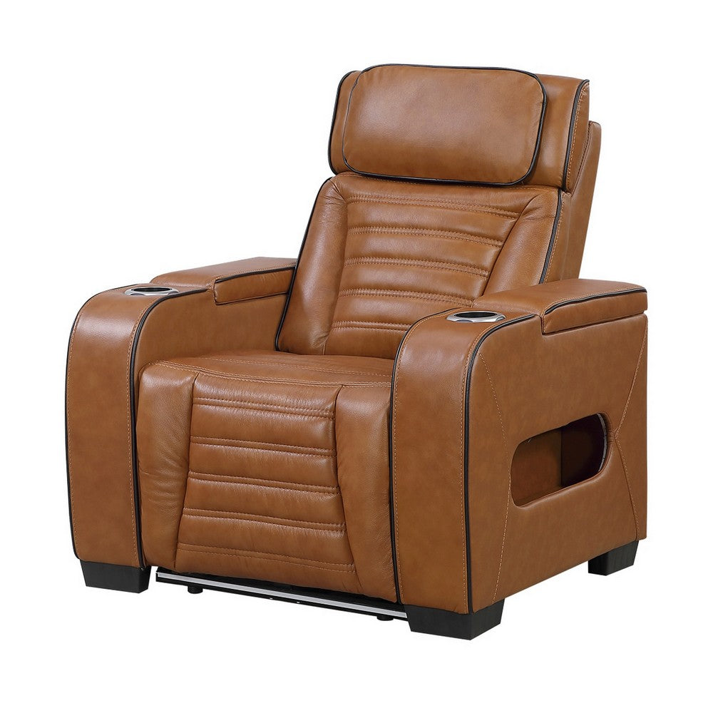Cyrus Power Recliner |Heat Massage, USB Ports, LED | Brown Leather