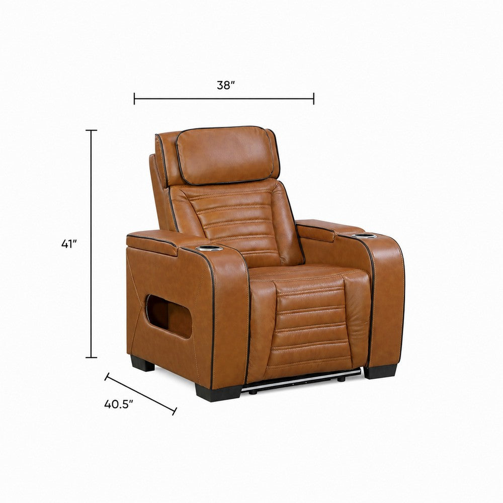 Cyrus Power Recliner |Heat Massage, USB Ports, LED | Brown Leather