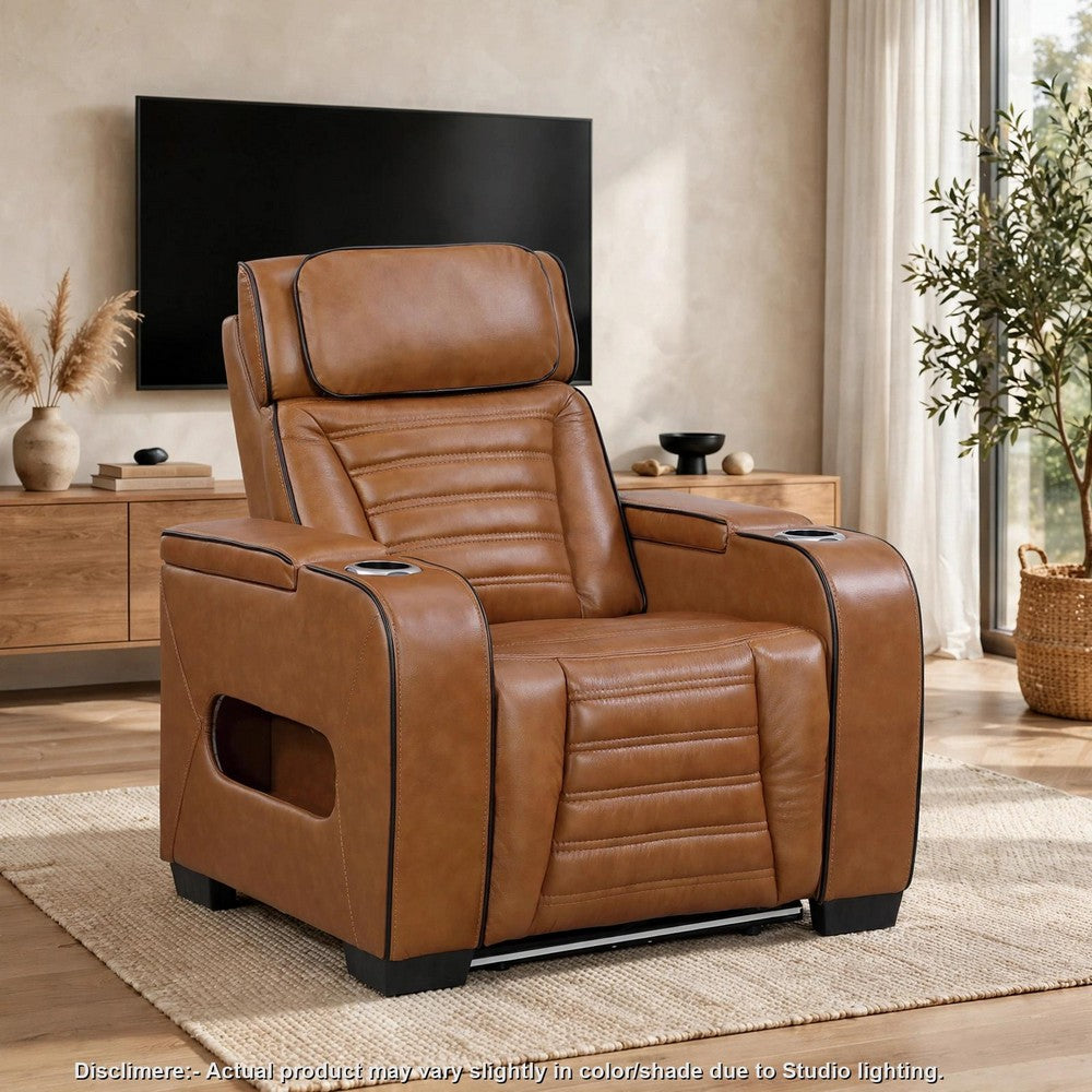 Cyrus Power Recliner |Heat Massage, USB Ports, LED | Brown Leather