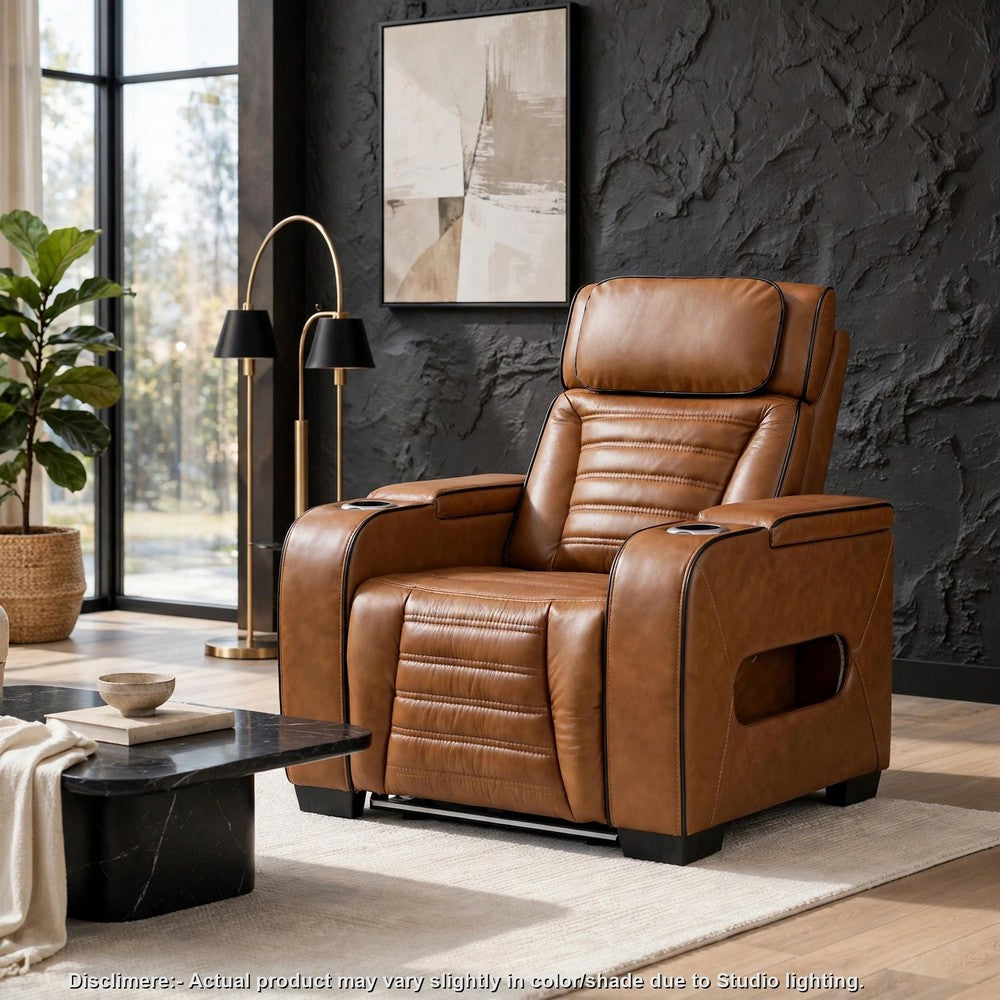 Cyrus Power Recliner |Heat Massage, USB Ports, LED | Brown Leather