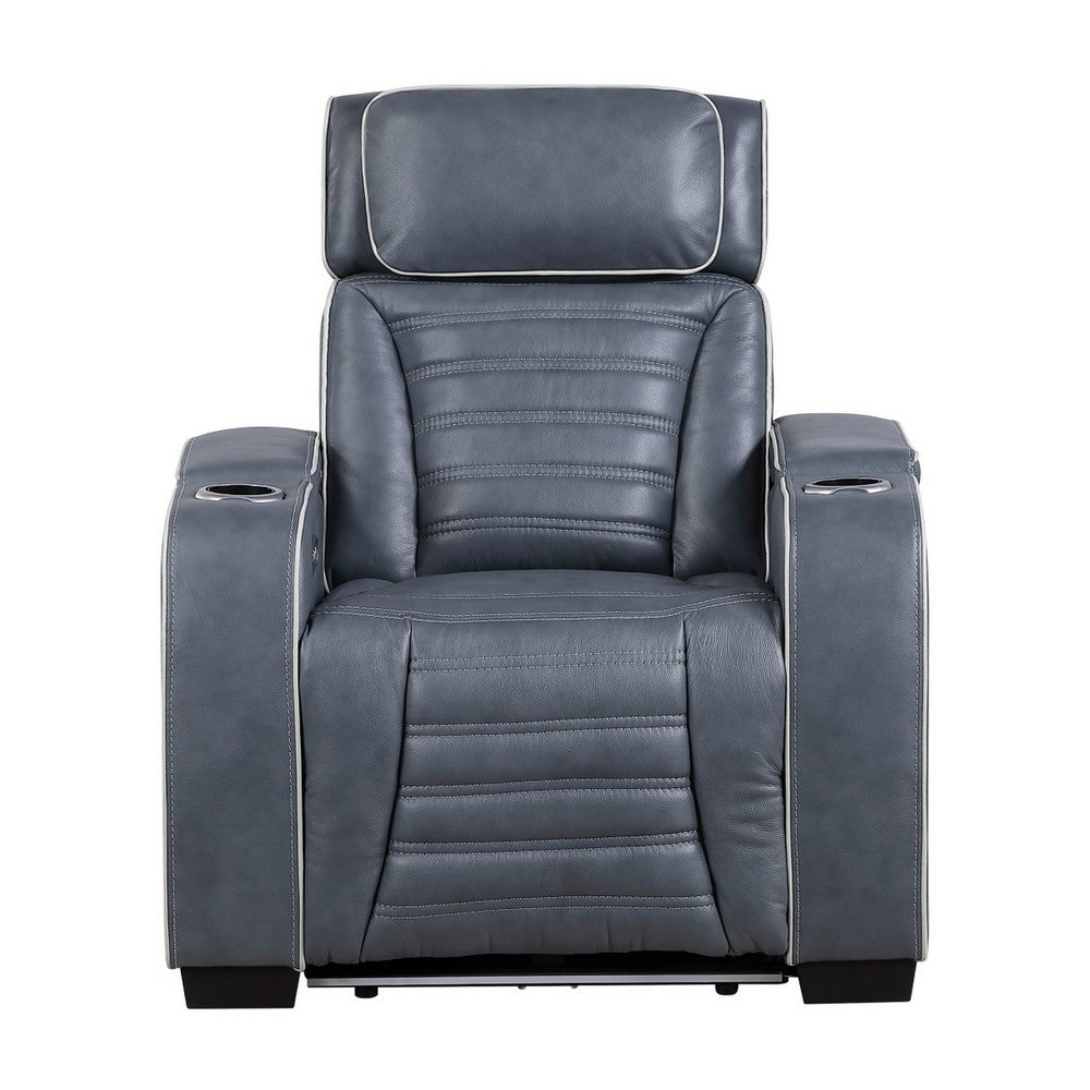 Cyrus Power Recliner |Heat Massage, USB Ports, LED | Blue Leather