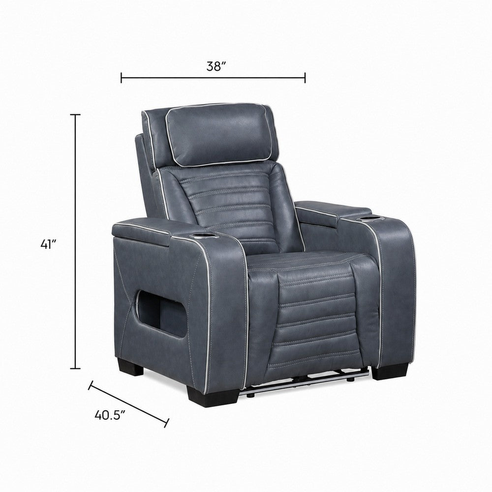 Cyrus Power Recliner |Heat Massage, USB Ports, LED | Blue Leather