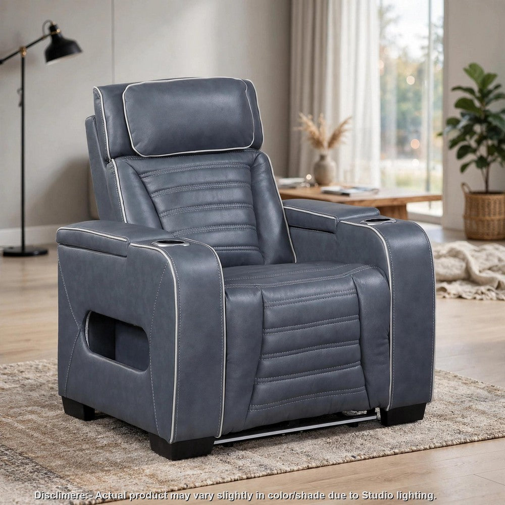 Cyrus Power Recliner |Heat Massage, USB Ports, LED | Blue Leather