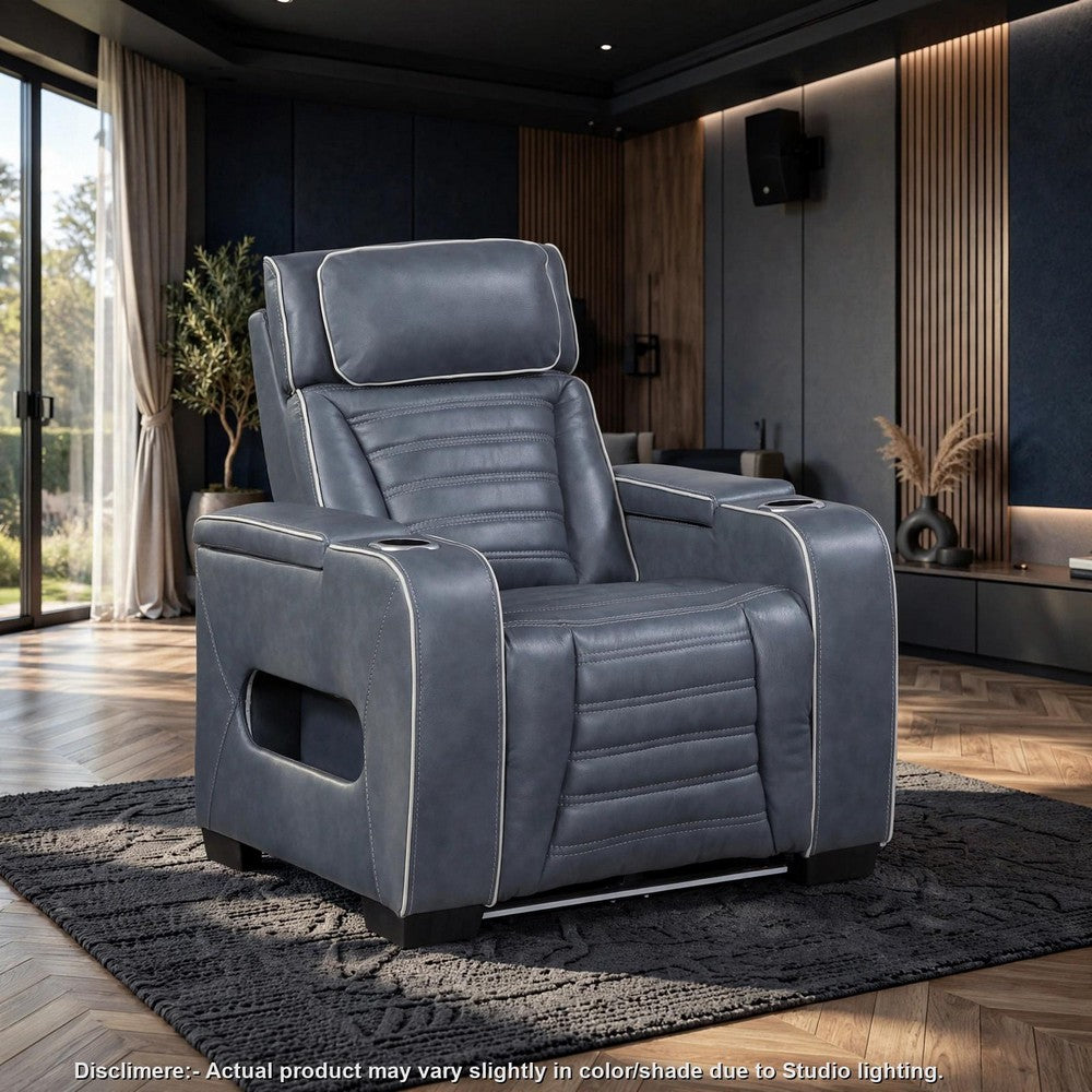 Cyrus Power Recliner |Heat Massage, USB Ports, LED | Blue Leather
